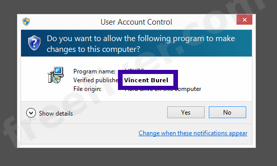 Screenshot where Vincent Burel appears as the verified publisher in the UAC dialog